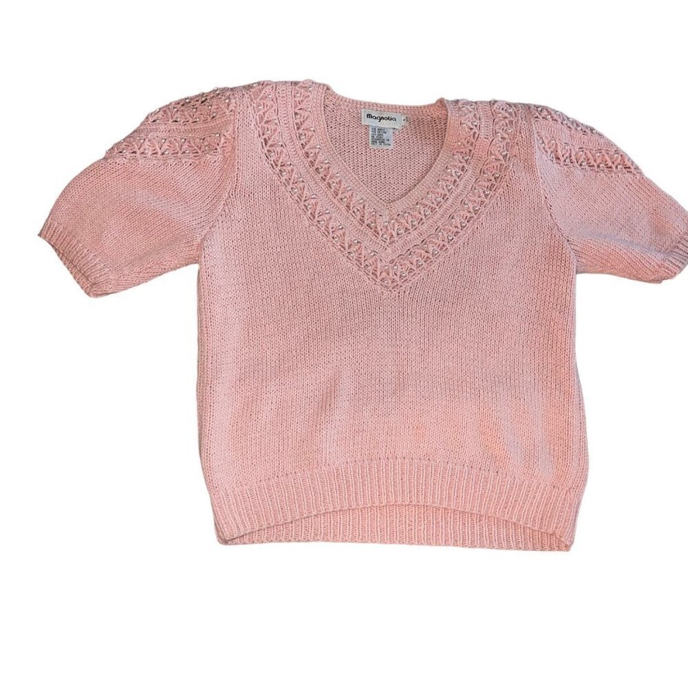 Magnolia Vintage Sweater Size Medium Cable Knit Puff Sleeve Pearl Embellished